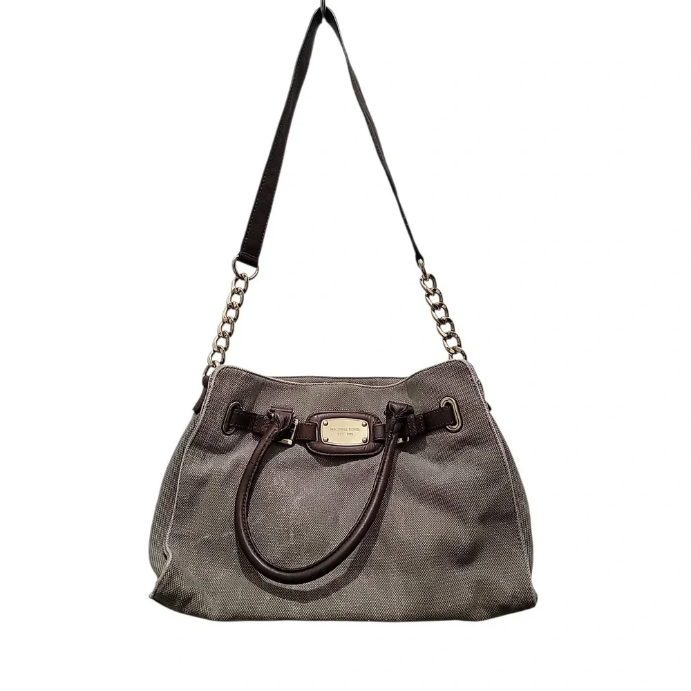 Michael Kors Hamilton Tan Leather Trim Canvas Shoulder Hand Bag Gold Chain